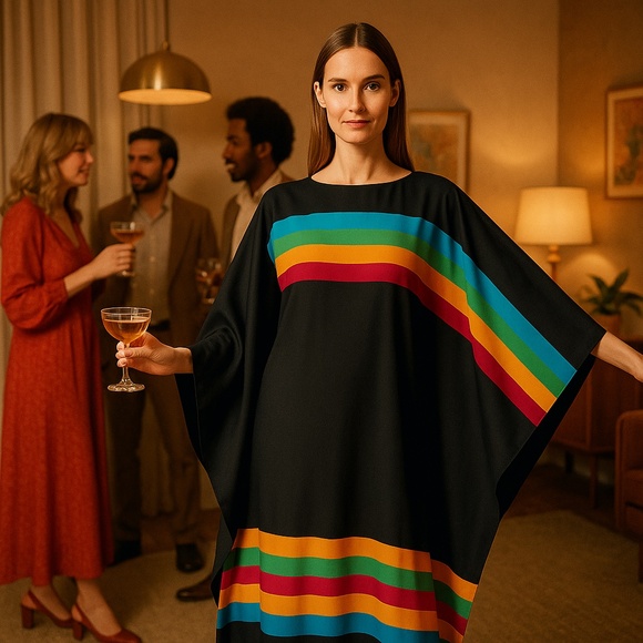 STUNNING 1970s BEVERLY VOGUE  RAINBOW KAFTAN MAXI DRESS – VINTAGE M (L) - Picture 4 of 9